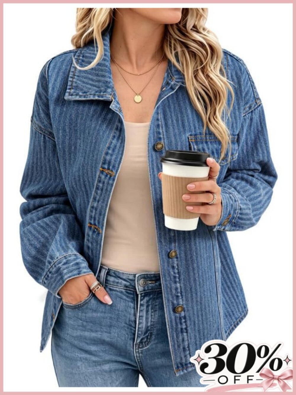 Striped Cotton Denim Jacket Button Down Shacket for Women